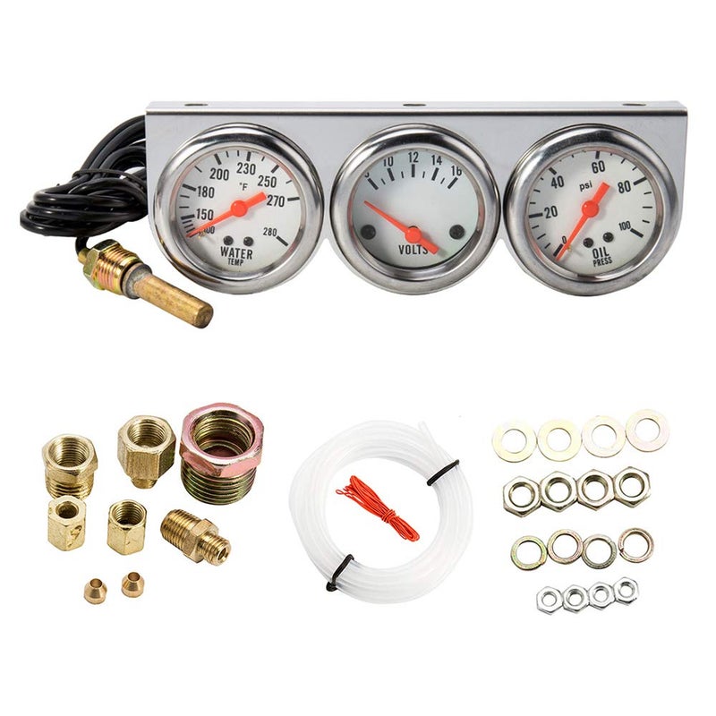 Abizarch Triple Gauge Kit, 3 in 1 Car Oil Volt Water Gauge, Chrome Housing, White Face, Red Needles, 51mm Size, 100-280F Water Temp, 8-16V Volts, 0-100psi Oil Pressure - Image 2